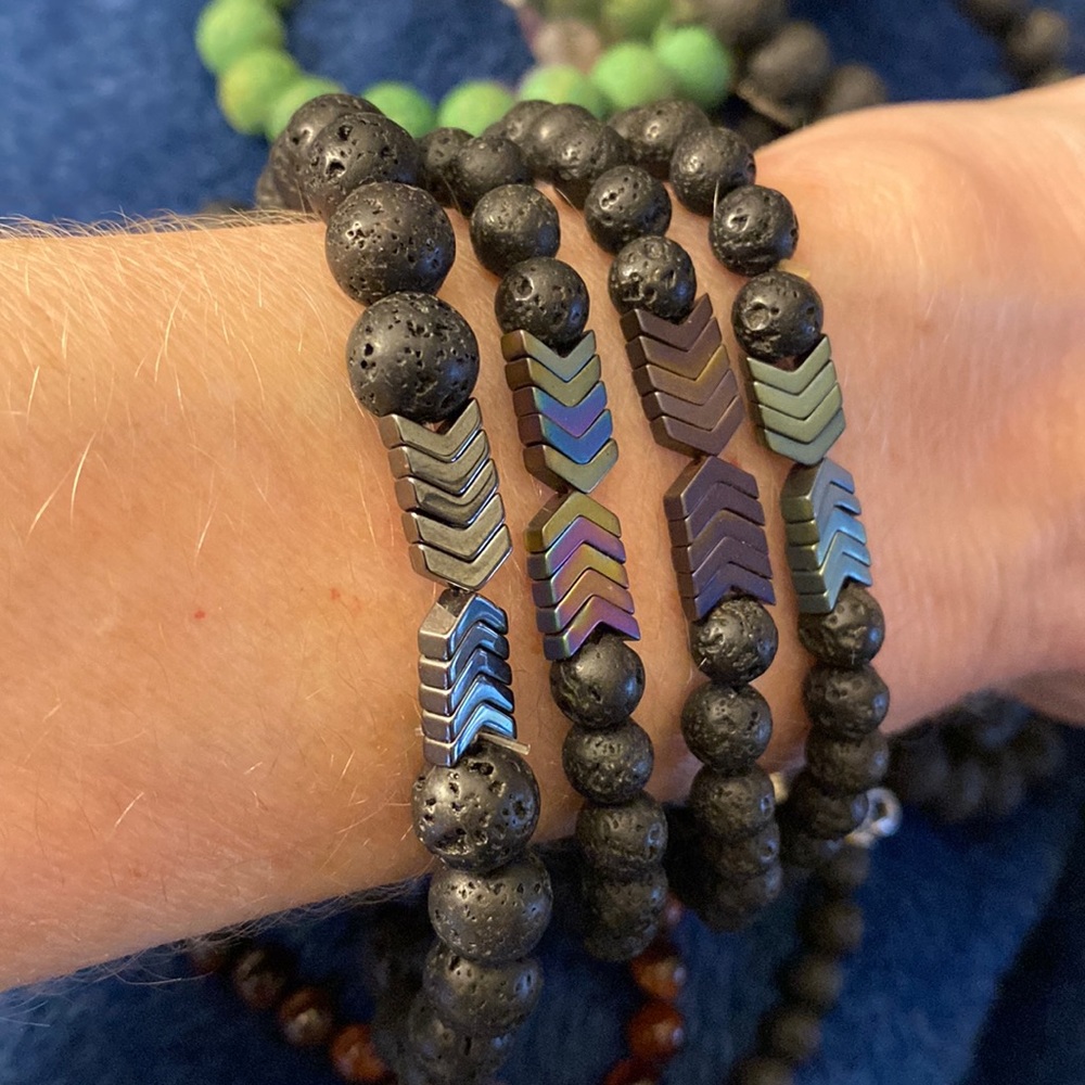 4 Piece Collection Lava Bead Hematite Arrowhead Charm Diffuser Stretch Bracelets
